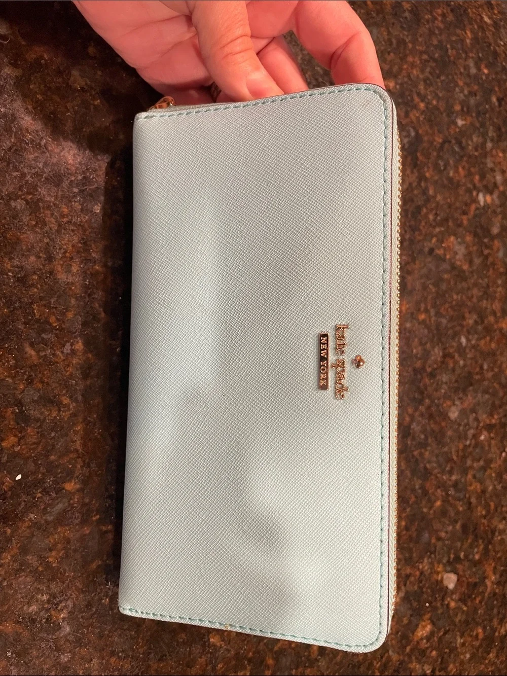 kate spade light blue zip-around wallet with gold hardware
